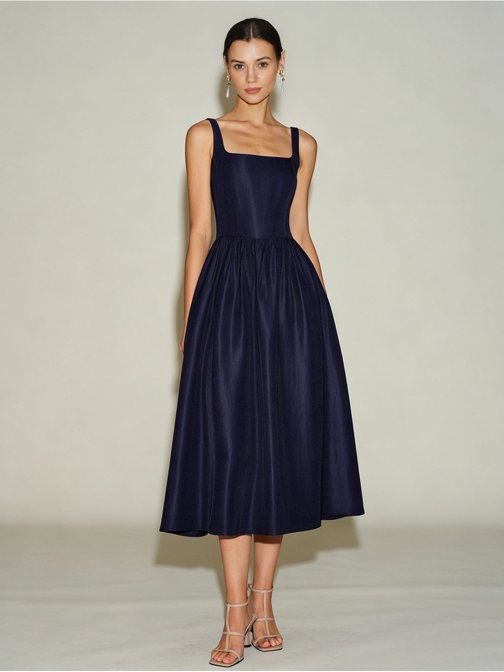 Navy Square-Neck Midi Dress